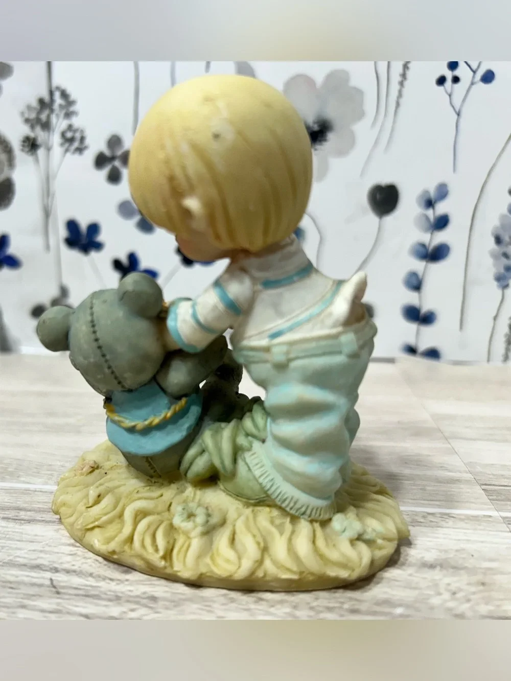 Boy With Teddy Bear Figurine 3” Pastel Nursery Childhood Decor